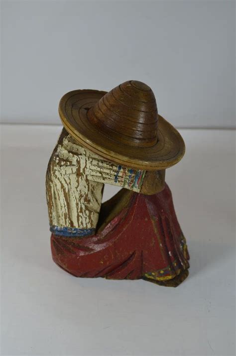 Vintage Carved Wooden Sombrero Mexico Figure Bookend Etsy Carving