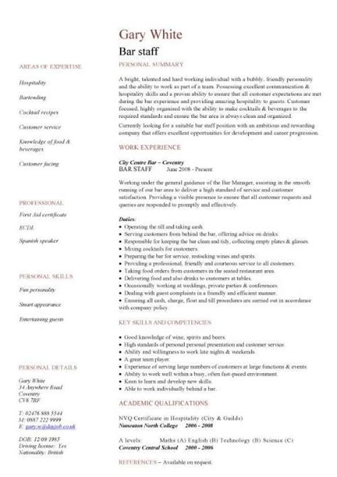 Tips and examples of how to put skills and achievements on a. bar staff CV sample, dining, restaurant, resume, job ...