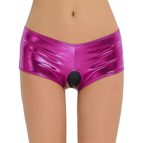 Underwear Women Lingerie Sexy Faux Leather Shorts Open Crotch Low Waist Micro Mini Panties