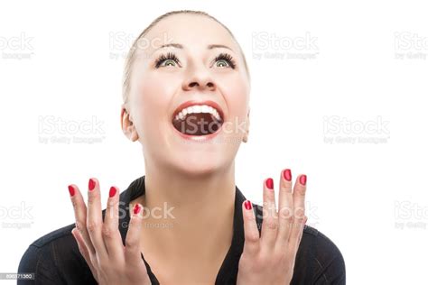 Surprised Happy Young Caucasian Woman Looking Sideways In Excitement