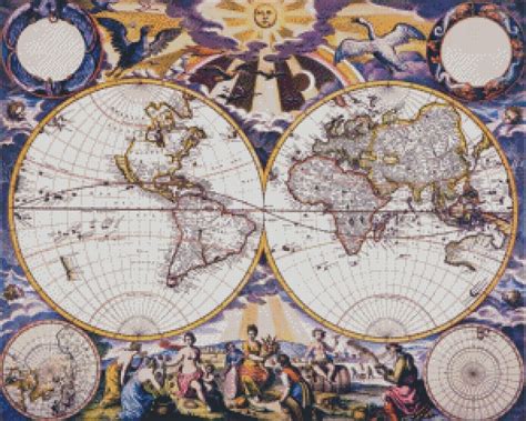 7th Century Double Hemisphere World Map Counted Cross Stitch Patterns