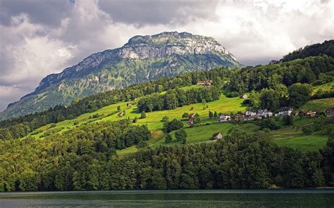 壁紙、1920x1200、風景写真、スイス、湖、山、森林、住宅、lake Lucerne、自然、ダウンロード、写真