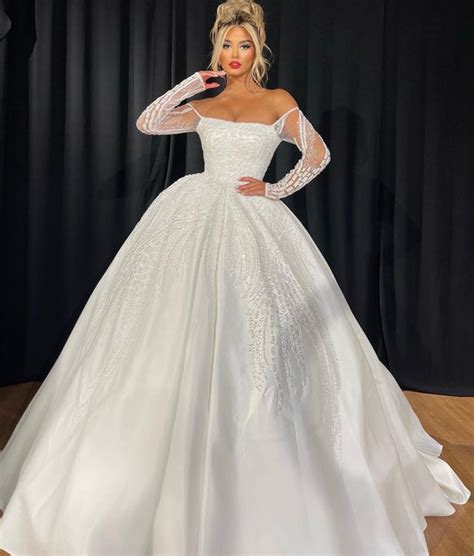 Bridal Ball Gown With Sheer Sleeves Walone Fashion