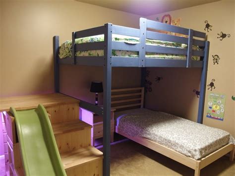 Diy a lovely loft bed. Wowee! Full over twin bed with stairs, slide, and secret room - IKEA Hackers