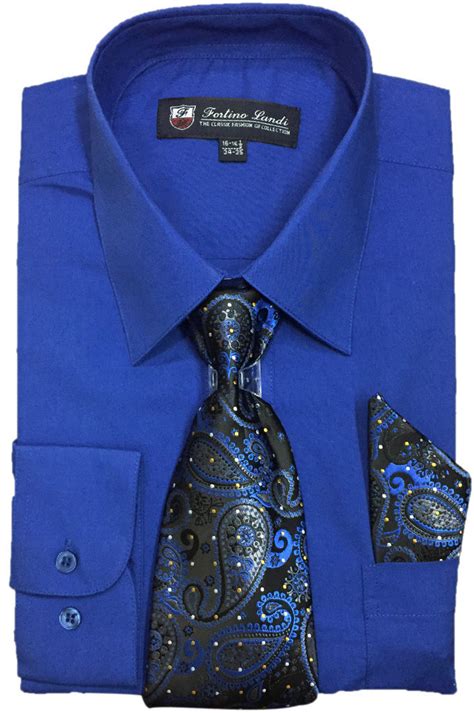 Mens Dress Shirts Tie Hanky Set Royal Blue Color Long Sleeve Fortini Sg21b