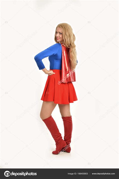 Full Length Portrait Pretty Girl Wearing Super Hero Costume Standing