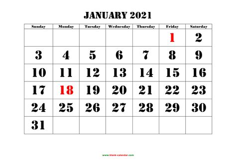 Free Download Printable January 2021 Calendar Large Font Design