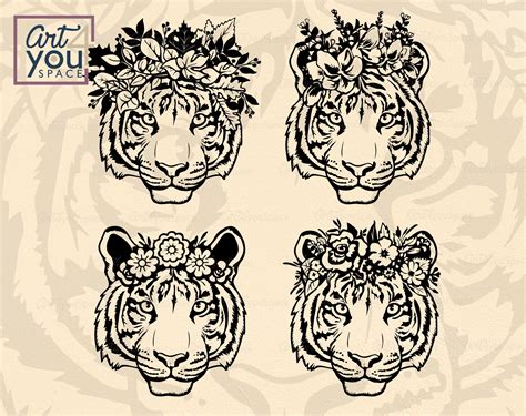 Tiger Head Svg Cricut Tiger With Flower Crown Wreath Wild Etsy