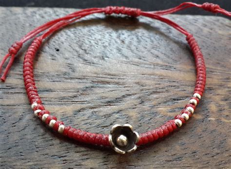 Fair Trade Thai Hill Tribe Silver Charm Waxed Cotton Bracelet Red Blossom Cotton Bracelet