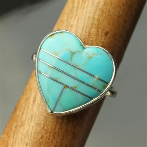 Turquoise Heart Ring In Sterling Silver Turquoise Heart Inlaid Etsy