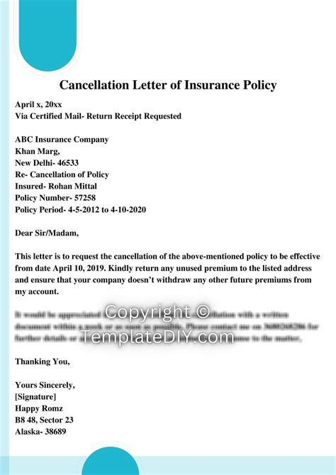 Cancellation Letter For Insurance Policy Template In Pdf And Word
