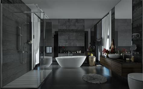 Applying A Trendy Bathroom Designs Which Arranged With A Luxury Gray