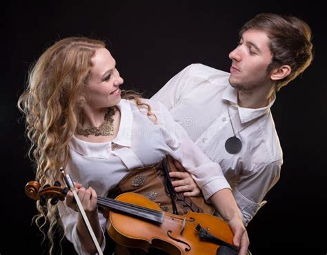 Happy Musical Couple With Violin Stock Photo Image Of Smiling Love
