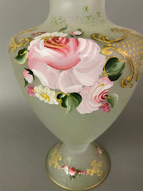 Antique Frosted Satin Glass Enameled Floral Vase Circa 1930 Etsy Uk
