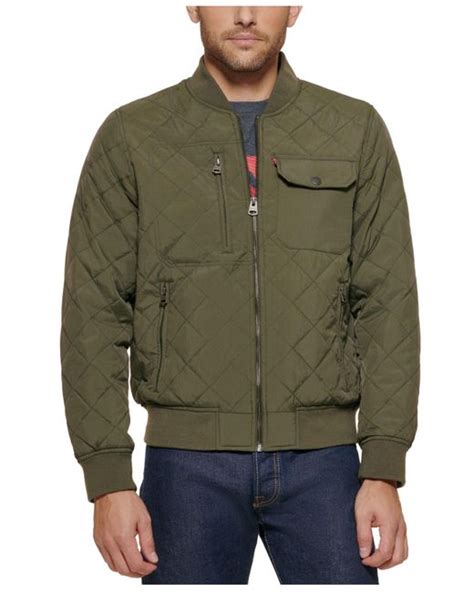 Levis Synthetic Regular Fit Diamond Quilted Bomber Jacket In Olive
