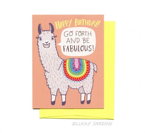 Llama Birthday Card Funny Llama Birthday Card Rainbow Birthday Card Go Forth And Be Fabulous