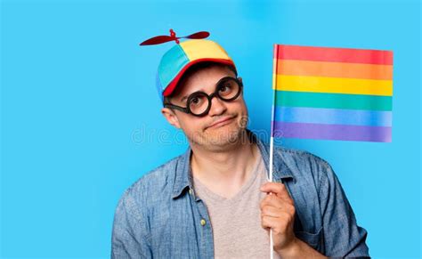 Nerd Man With Noob Hat Holding A Rainbow Flag Stock Image Image Of