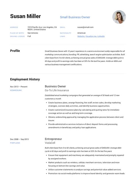 Our cv examples will give you inspiration on how to design the right cv for the job. Small Business Owner Resume Guide | +12 Examples | PDF | 2019