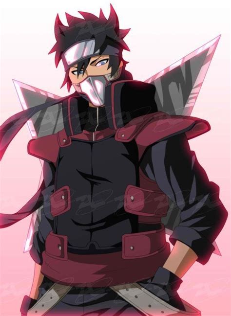 An Anime Character With Red Hair And Black Clothes Holding His Hands