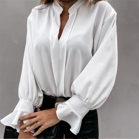 Lace Backless Long Flare Sleeve Womens Blouse Sexy Solid Deep V Neck