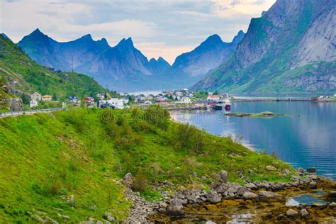 Fjord And Mountains Landscape Lofoten Islands Norway Stock Image