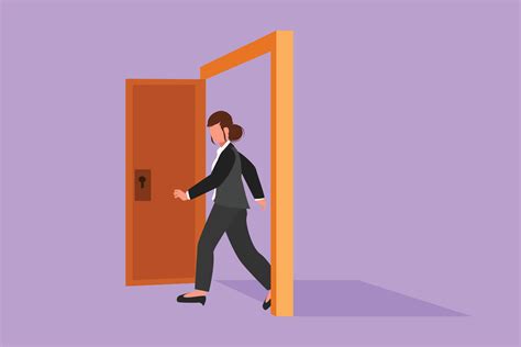 Cartoon Flat Style Drawing Businesswoman Walking Through An Open Door