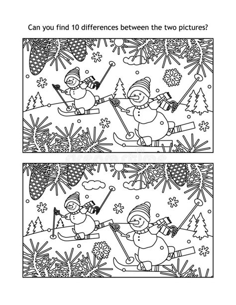 Skiing Snowmen Find The Differences Visual Puzzle And Coloring Page