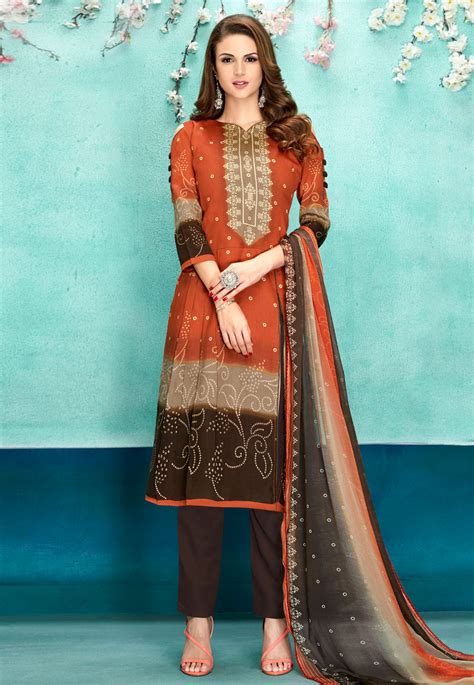 Orange Cotton Printed Pant Style Suit 184946 Designer Salwar Suits