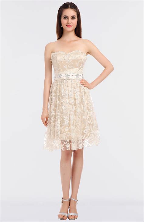 cream glamorous a line strapless sleeveless knee length beaded bridesmaid dresses