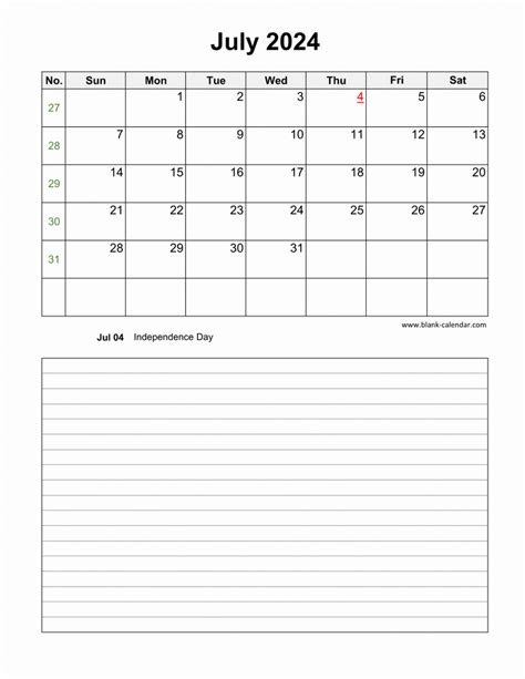 Download July 2024 Blank Calendar With Space For Notes Vertical
