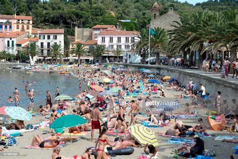 Summer Crowds On Beach In Town Of Collioure Vermillion Coast South Of