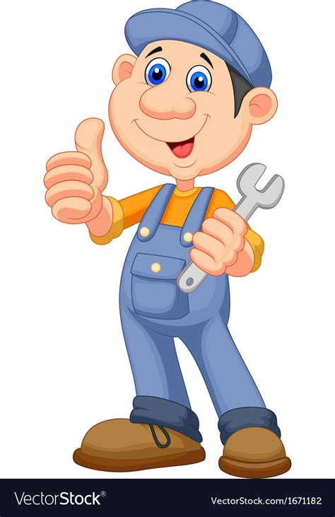 Cute Mechanic Cartoon Holding Wrench And Giving Th
