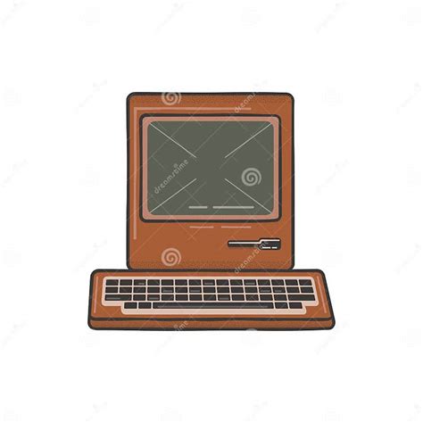 Vintage Hand Drawn Personal Computer With Keyboard Old Classic Pc With