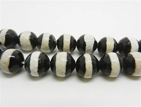 15 Black White Tibetan Agate Dzi Beads Faceted