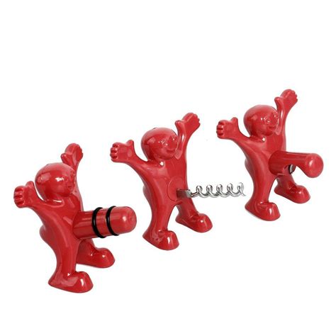Buybuymall Wine Stopper And Opener Set Three Cute Red Men Of Novelty