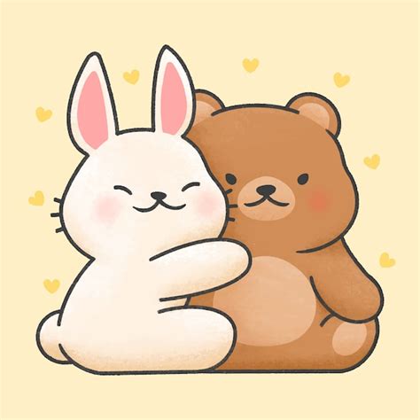 Premium Vector Cute Rabbit And Bear Couple Cartoon Hand Drawn Style