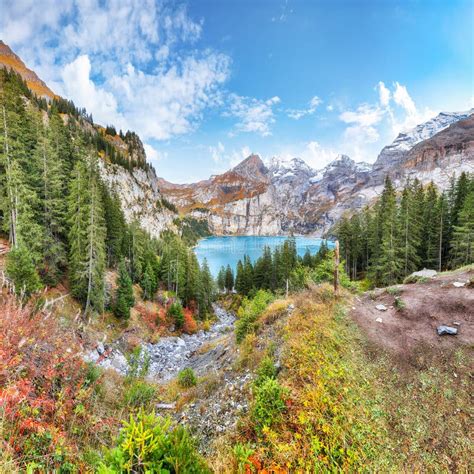 Amazing Autumn View Of Oeschinensee Lake Stock Image Image Of Popular