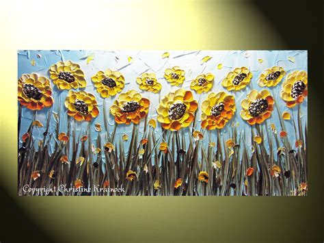 Original Abstract Textured Painting Yellow Sunflowers Floral
