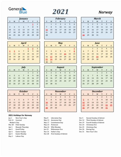 2021 Norway Calendar With Holidays