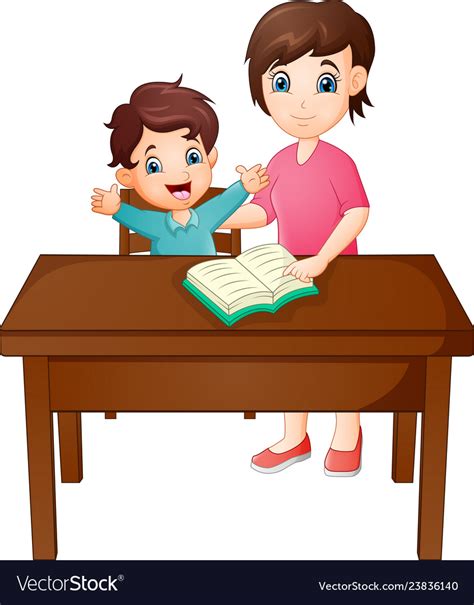 Cartoon Mother With Her Son Reading Book Vector Image