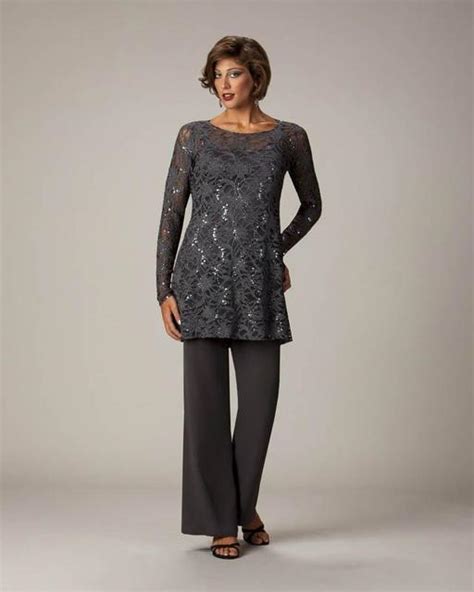Two Pieces Lace Top Chiffon Pants Suits For Wedding Elegant Women
