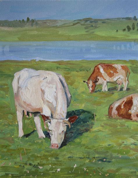 Cows In The Pasture Near River Original Oil Painting On Canvas Etsy