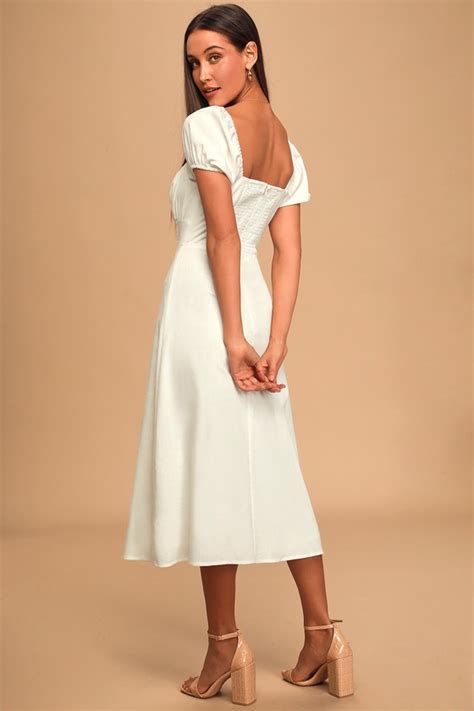 Cute White Midi Dress Puff Sleeve Midi Smocked Midi Dress