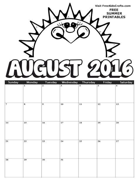2016 August Coloring Calendar