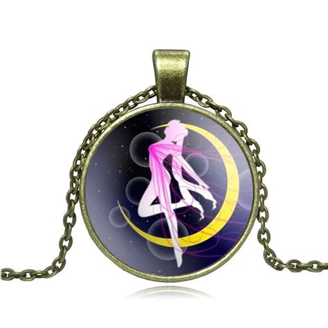 Sailor Moon Pendant Necklace Art Glass Cabochon Anime Jewelry Ancient Bronze Statement Chain