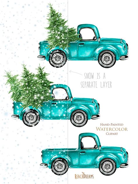 Watercolor Christmas Truck Vintage Turquoise Pickup Pine Etsy