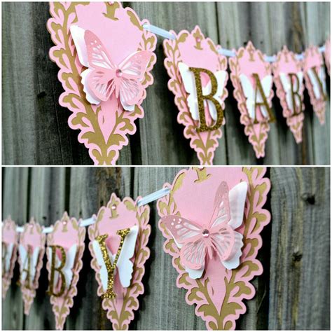 Baby sprinkle umbrella blue baby shower theme. Baby Butterfly Banner, Baby Shower Banner, Gold and Pink ...