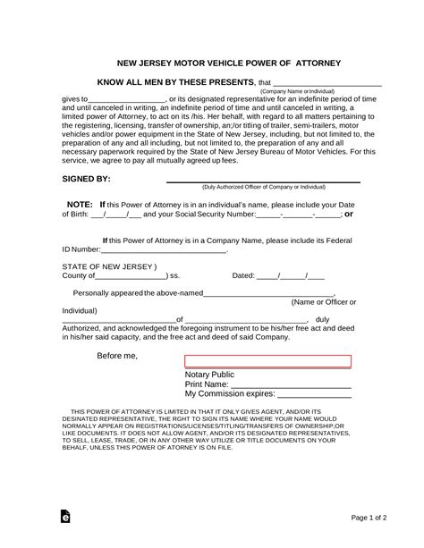 Free New Jersey Motor Vehicle Power Of Attorney Form Pdf Word Eforms