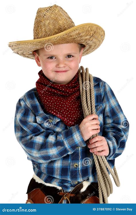 Adorable Young Boy Wearing Cowboy Hat Holding Rope Stock Photo Image