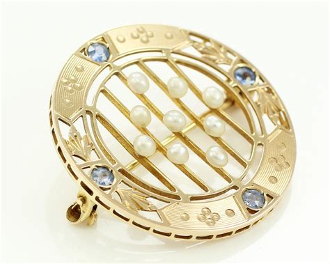 Antique Edwardian 14k Seed Pearl Created Sapphire Round Brooch Dainty